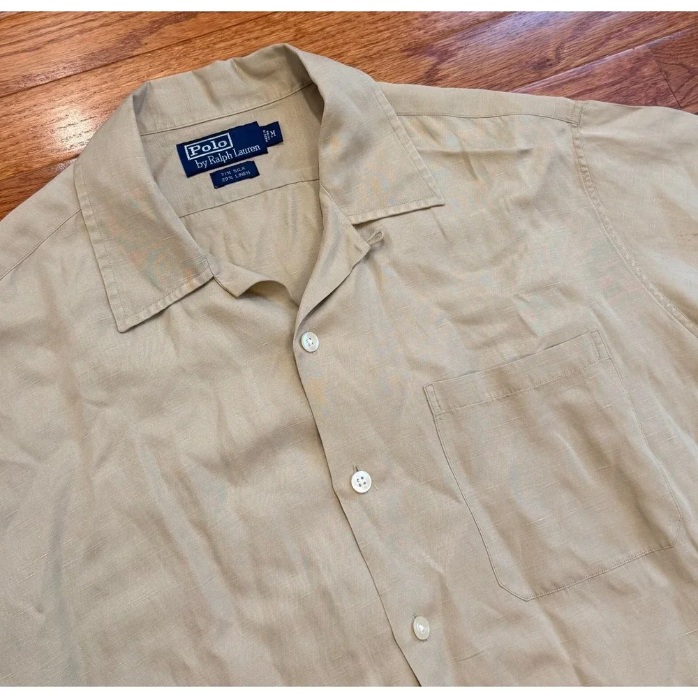 Vintage Polo Ralph Lauren Button Up Camp Shirt Men Medium Silk Linen Loop Collar